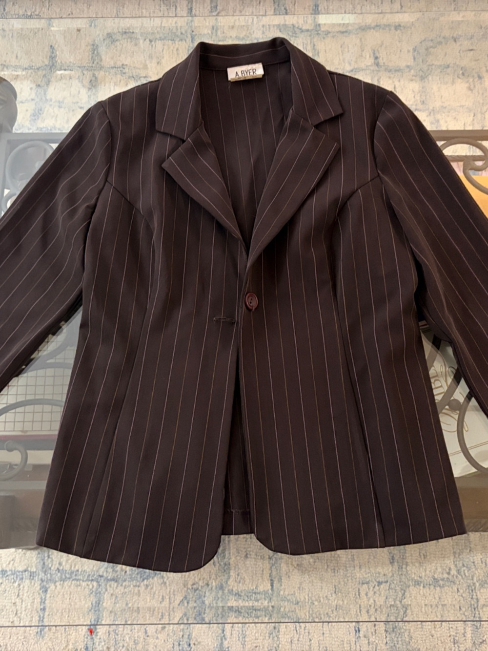 A. Byer Dark Brown Pinstripe Blazer with Subtle Pink Stripes